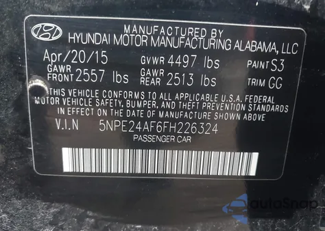 2015 Hyundai Sonata Se from USA, damaged, VIN 5NPE24AF6FH226324